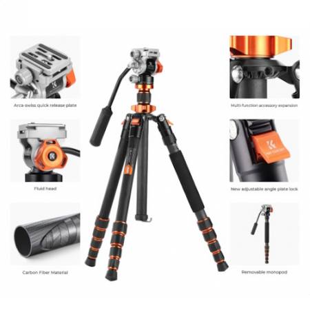 K&F Concept KF4967 O255C4 + FH-03 - zestaw, statyw video Carbon O255C4 z trybem monopodu + głowica video FH-03